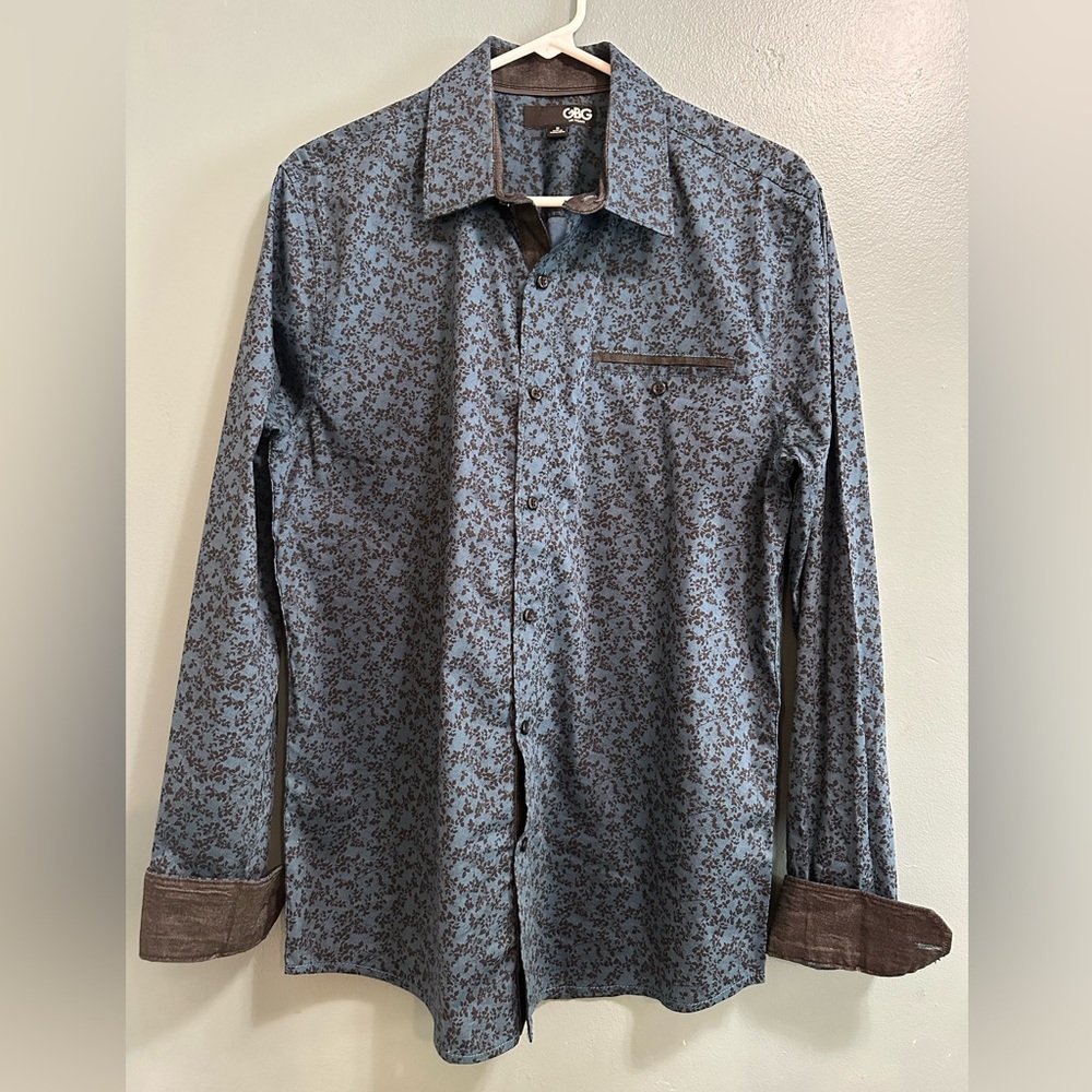 GBG Los Angeles Mens's Blue Black Long Sleeve Button Up Floral Shirt Size Medium